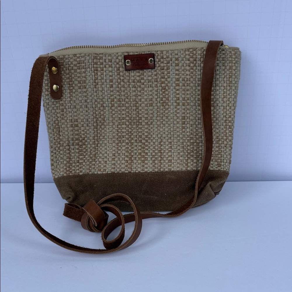 Maya Collection Neutral Woven Crossbody Bag with Brown Suede Base